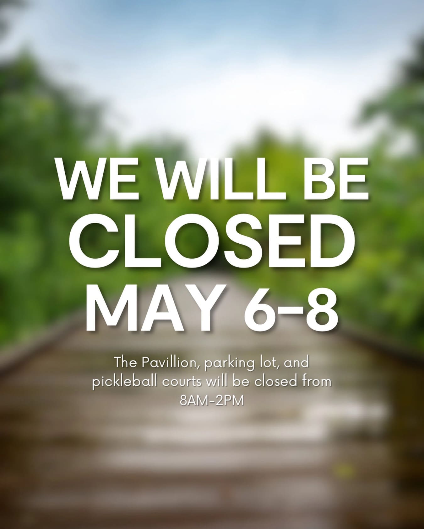 We’ll be closing a lot of Osage Park May 6–8 for a private event.

The pavilion, parking lot, and pickleball courts will be unavailable from 8 AM–2 PM each day. We appreciate your patience while we host this event and look forward to seeing you back out there later in the day or on the weekend!