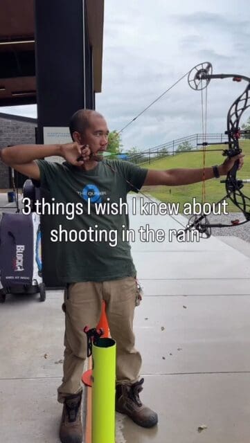 You don’t have to skip archery just because it’s raining. Here are a few tips for shooting in wet weather:

1. Skip the feathers. Vanes handle rain much better unless you want to spend time steaming your fletchings back into shape.

2. Make sure your bow string is waxed. A little maintenance goes a long way when moisture shows up.
	
3. Check the weather before you shoot. Rain is one thing. Lightning is a completely different story.