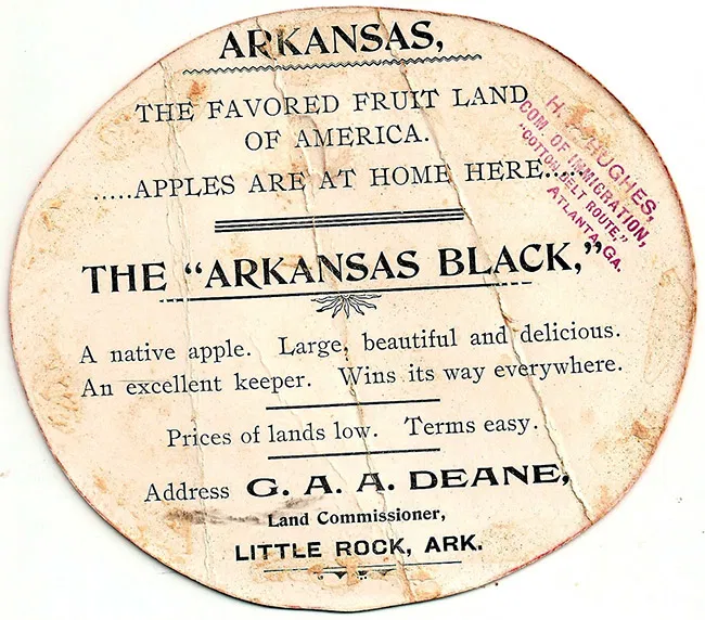 An advertisement for farm real estate featuring the Arkansas Black Apple.